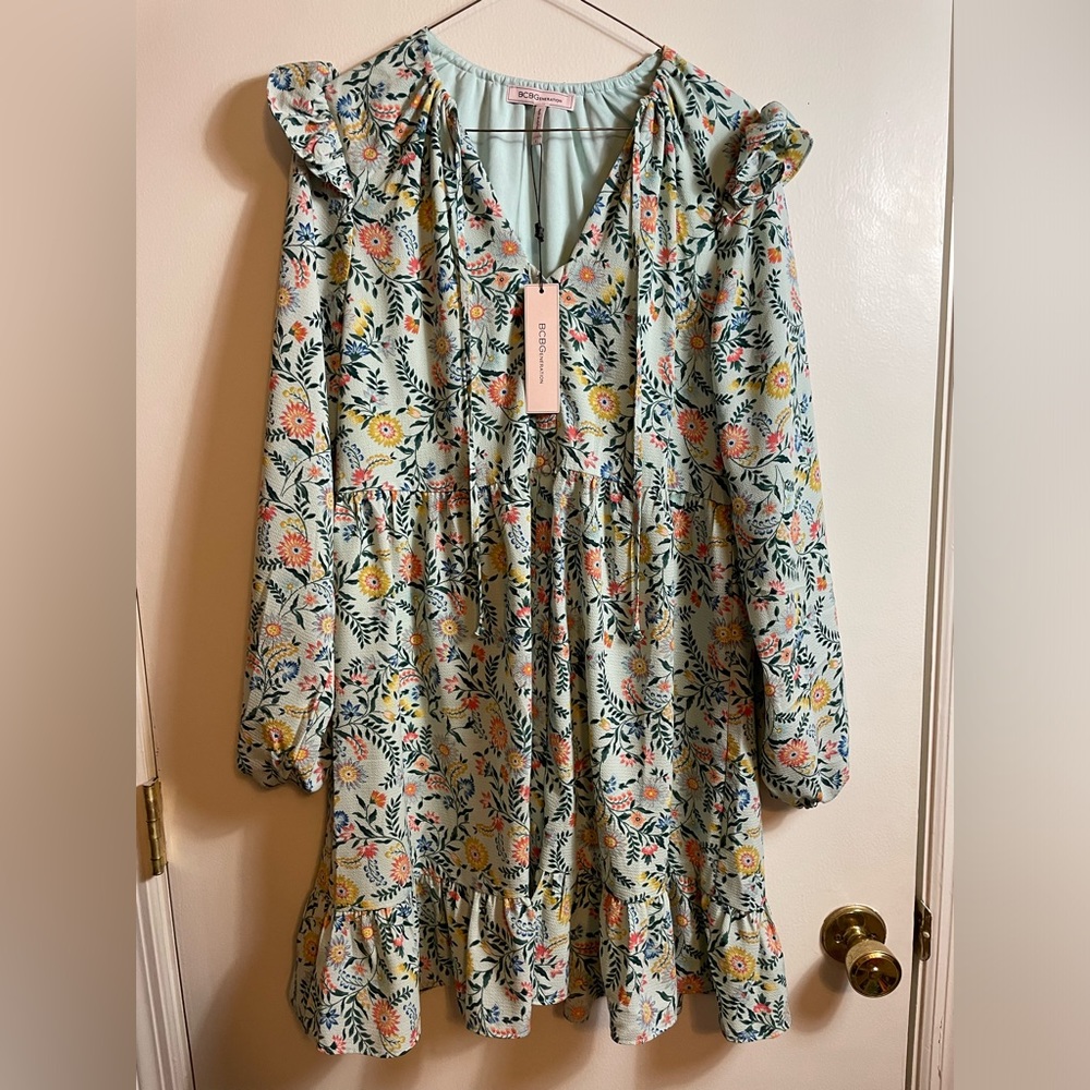 NWT BCBGeneration Blue and Pink Ruffled Tie Front Sundress